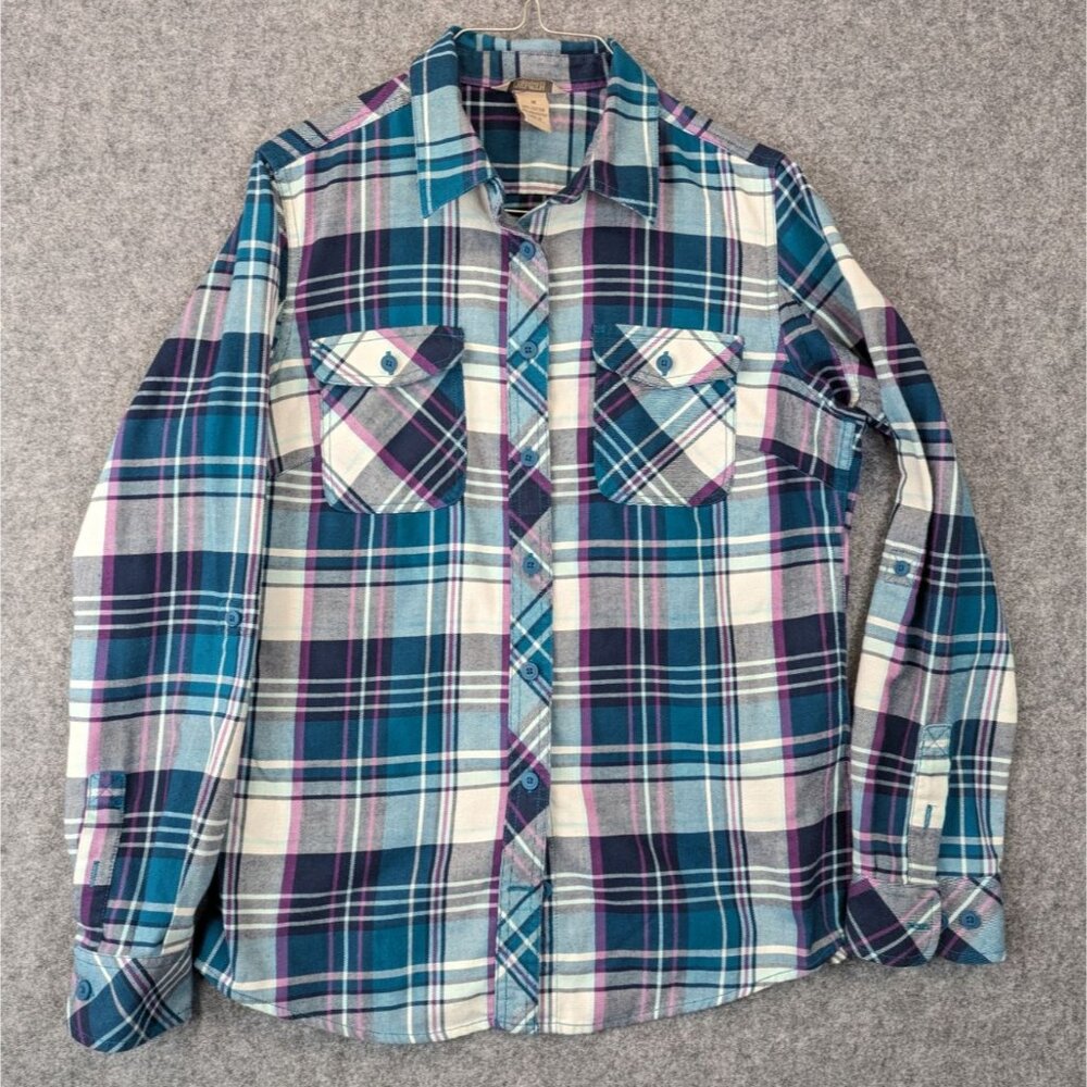 Duluth Trading Co Womens Medium Plaid Flannel Shirt Teal Purple White